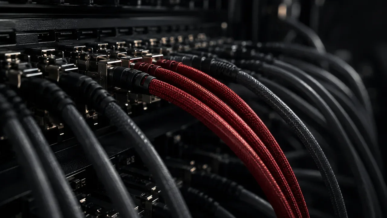 Corredor de datacenter com rack aberto e fiação de alta velocidade