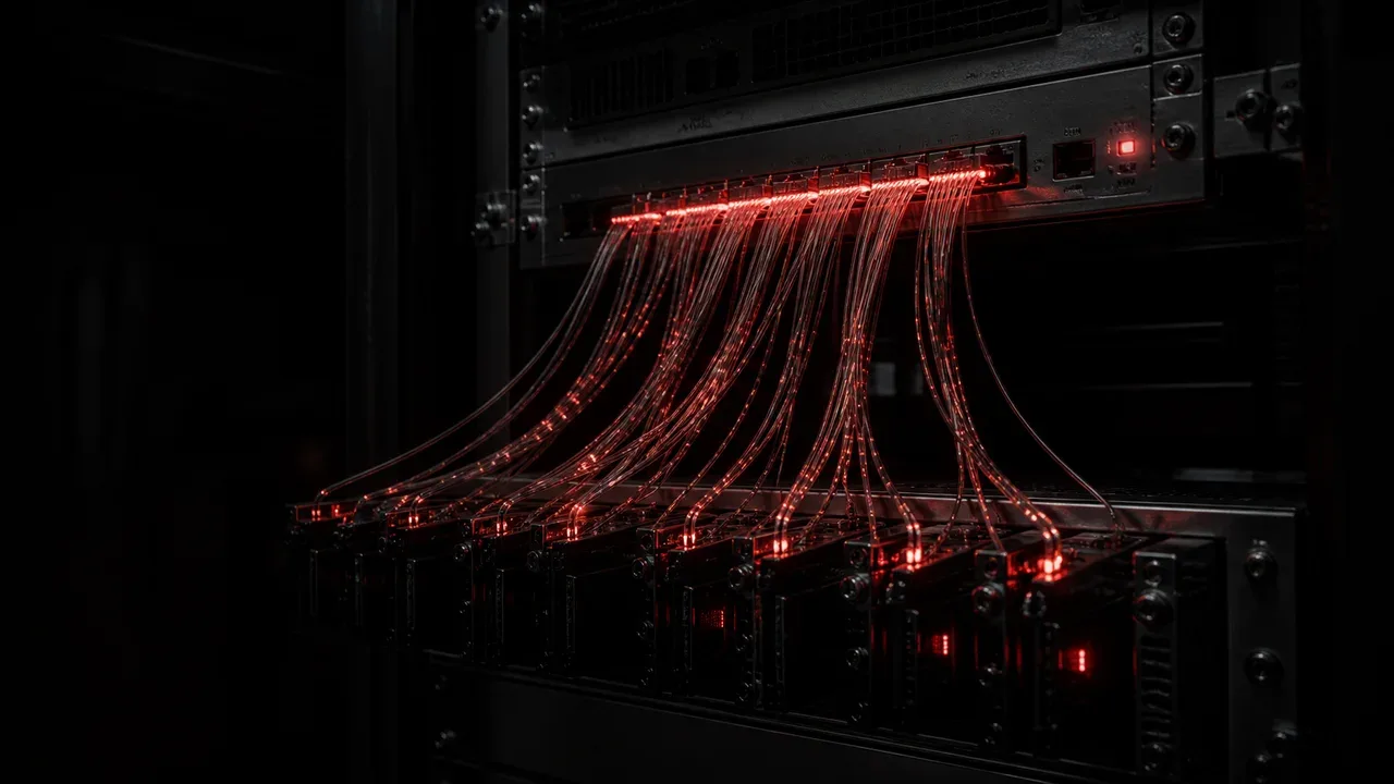 Um único servidor iluminado em um rack escuro, com cabos de fibra óptica levando luz a servidores menores abaixo dele