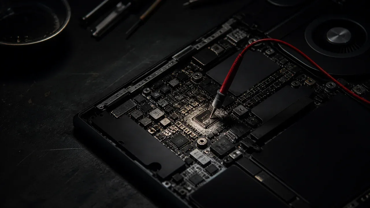Uma placa-mãe de laptop aberta sobre uma bancada, com uma ponta de prova de osciloscópio presa a um dos chips, iluminando-o levemente