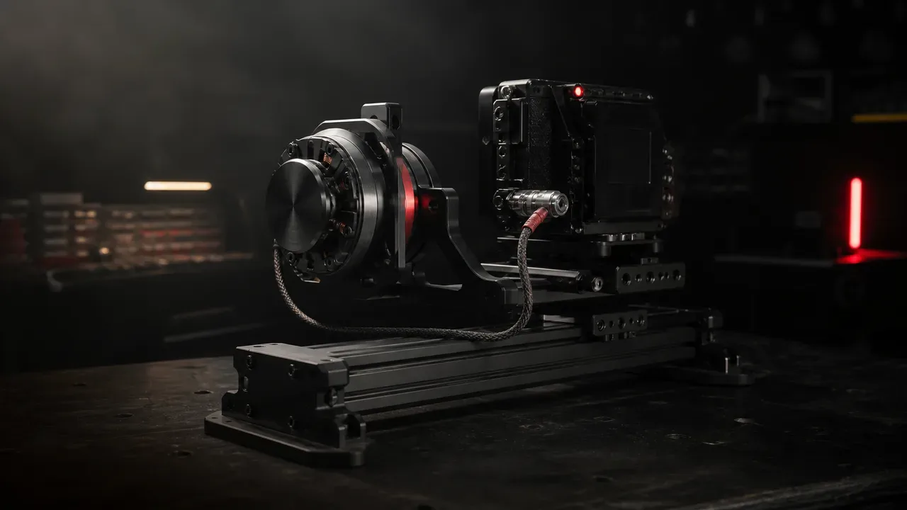 Bancada mecatrônica com conjunto de gimbal de pitch dinâmico de 1 eixo para câmera de cinema e cabo de telemetria