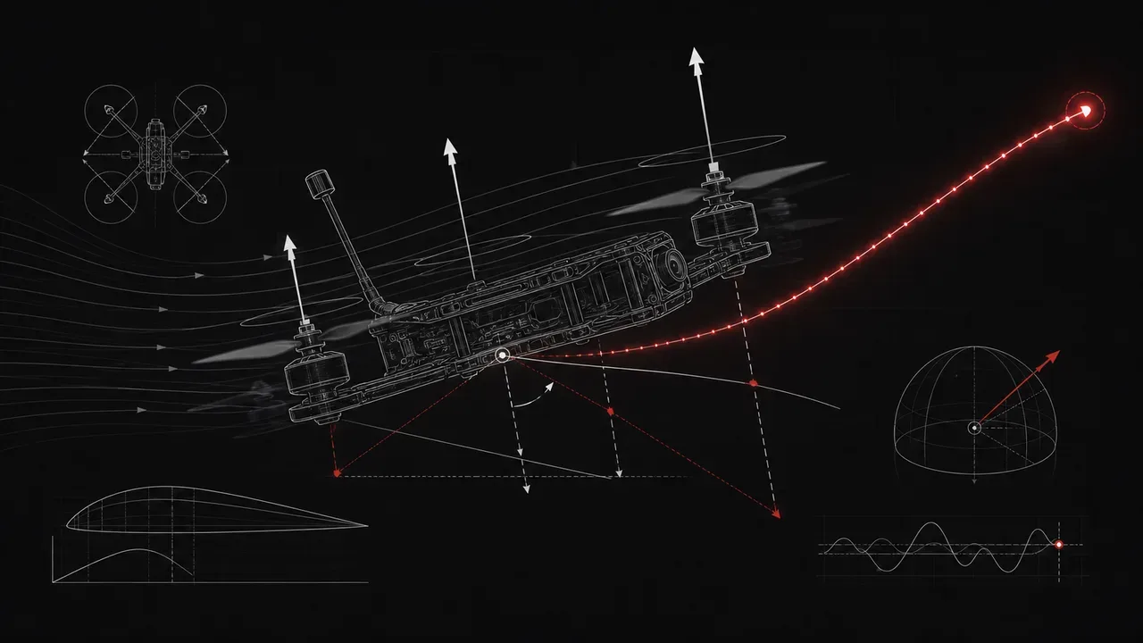 Diagrama esquemático de fluxo aerodinâmico e vetor de trajetória tangencial de fuga no cinema FPV