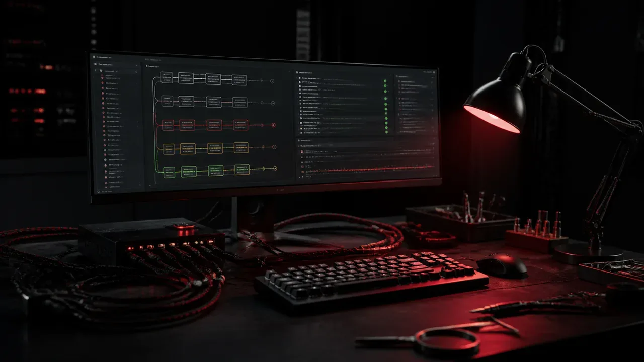 Bancada de engenharia de dados com código de telemetria e luminária articulada projetando luz focal carmim sobre a mesa