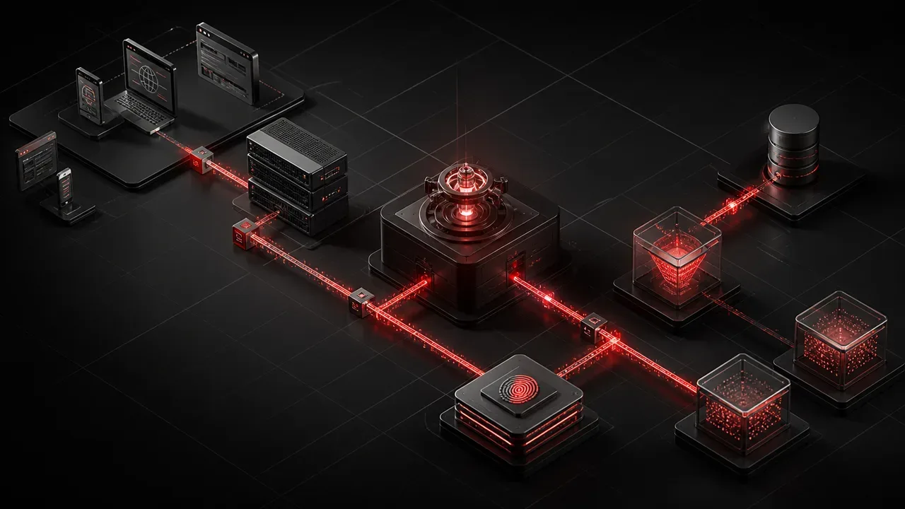 Diagrama isométrico tridimensional de arquitetura de rastreamento no servidor com linha de sinalização carmim conectando nós
