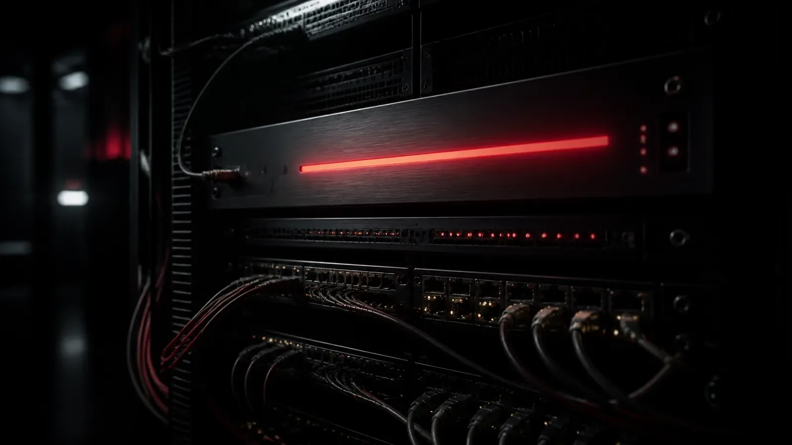 Módulos de telemetria e roteamento em rack de servidores edge com indicador LED carmim iluminando o painel