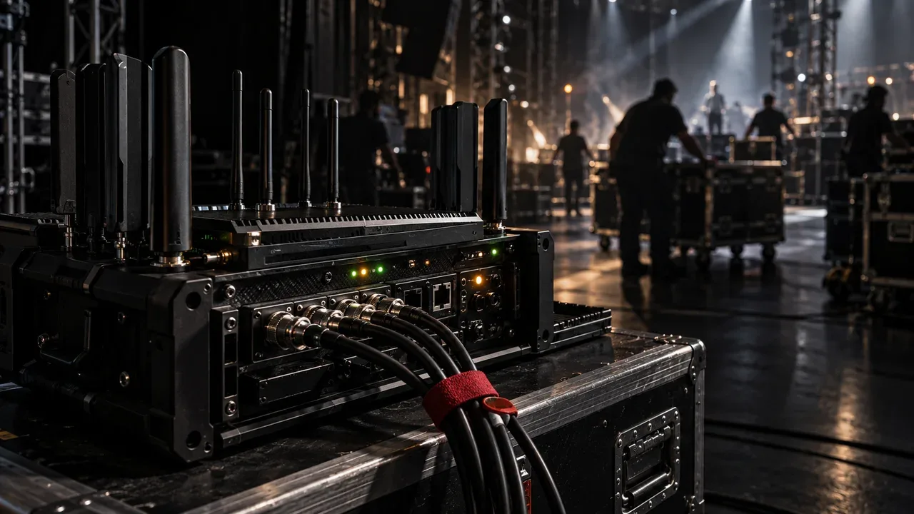 Roteador de bonding celular industrial montado em rack técnico com organizador de cabos carmim
