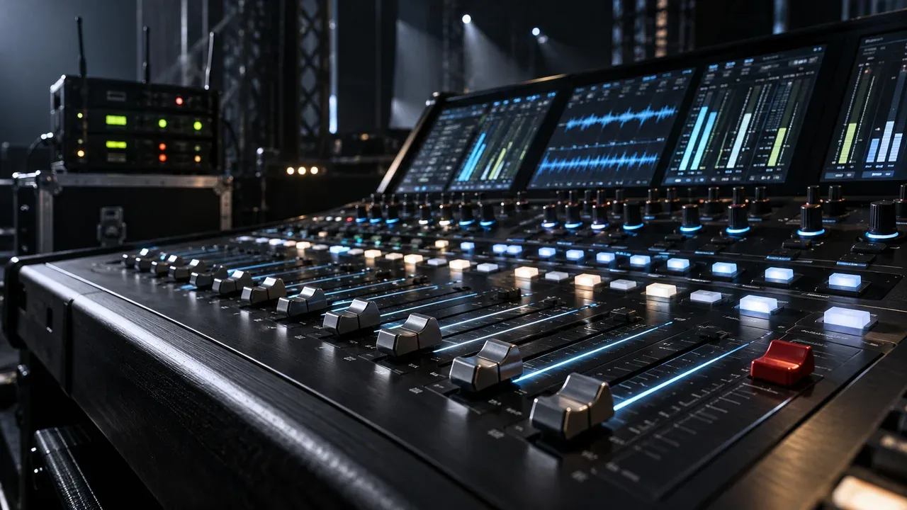 Console de áudio digital profissional com faders motorizados e botão de corte carmim iluminado