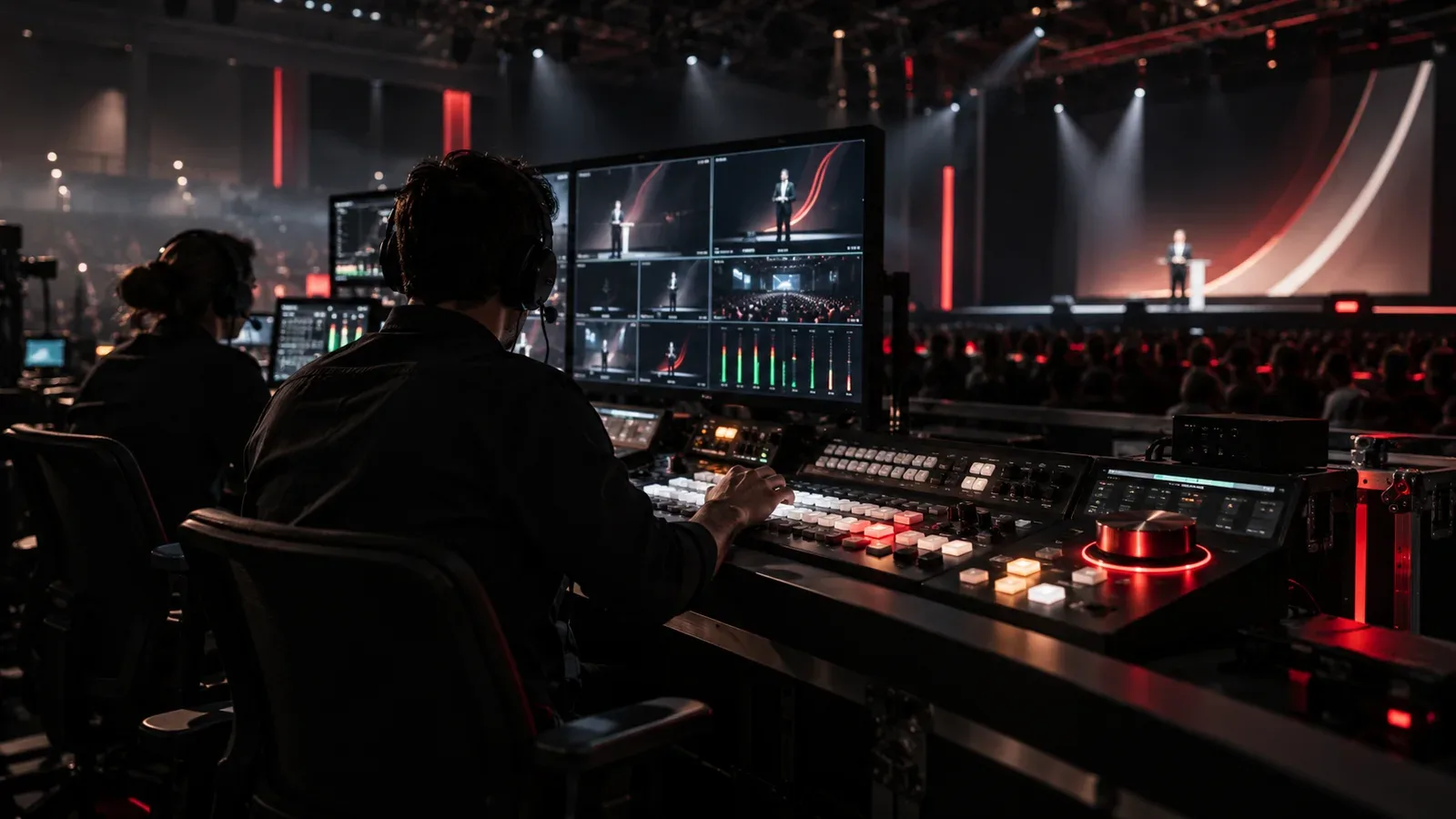 Mesa de corte e switcher de transmissão ao vivo corporativa em auditório com detalhe carmim