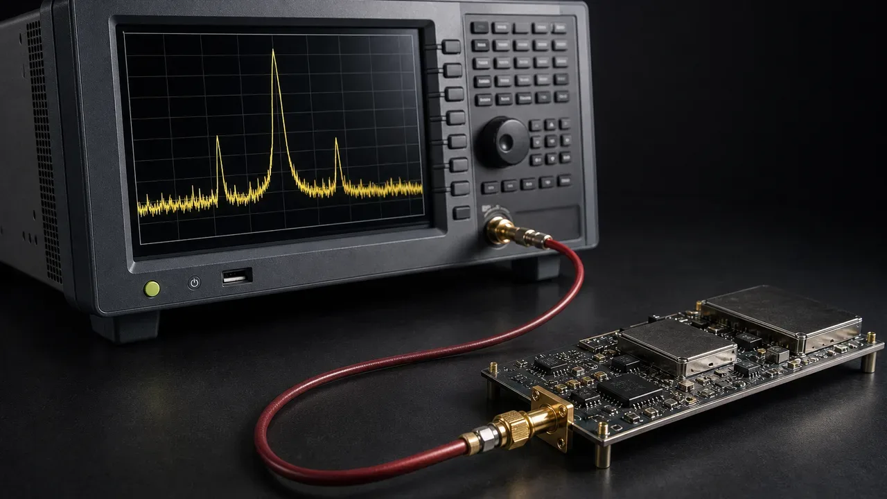 Bancada de análise de radiofrequência com módulo RF e conexões coaxiais de teste sob iluminação técnica
