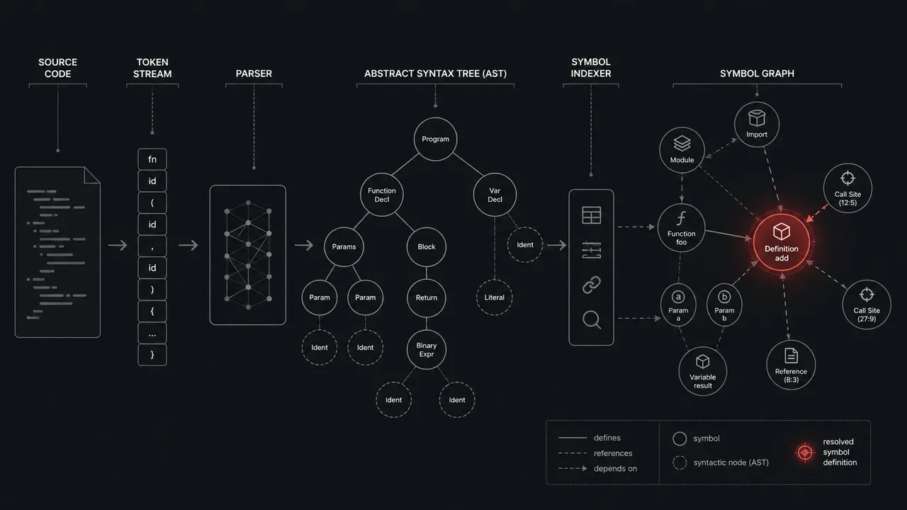 Diagrama técnico com fluxo de parsing de árvore sintática e grafo de símbolos em fundo ardósia escuro com nó de definição iluminado