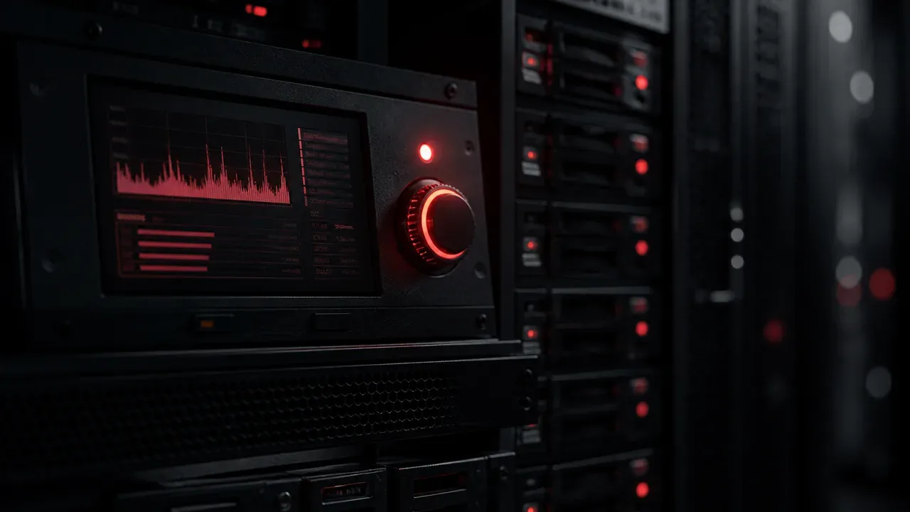 Console de telemetria em rack de servidores em datacenter escuro com indicador luminoso em foco para indexação de código