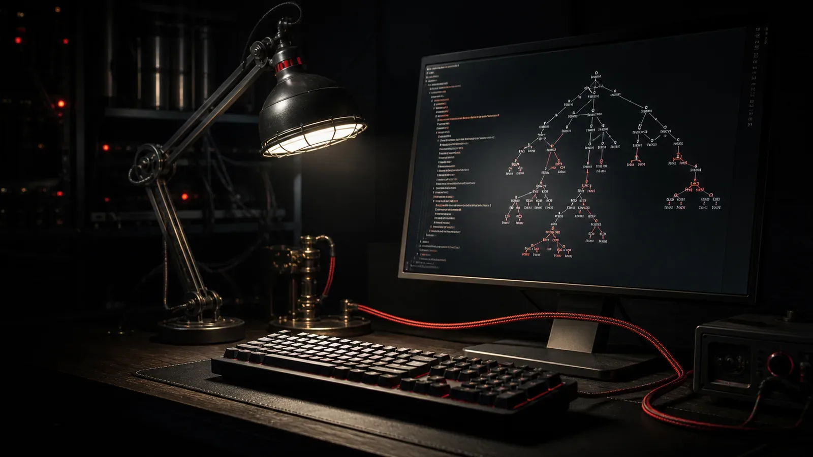 Bancada de desenvolvimento de engenharia de software em sala escura sob iluminação chiaroscuro com monitor exibindo grafo de árvore sintática de código e luminária articulada industrial