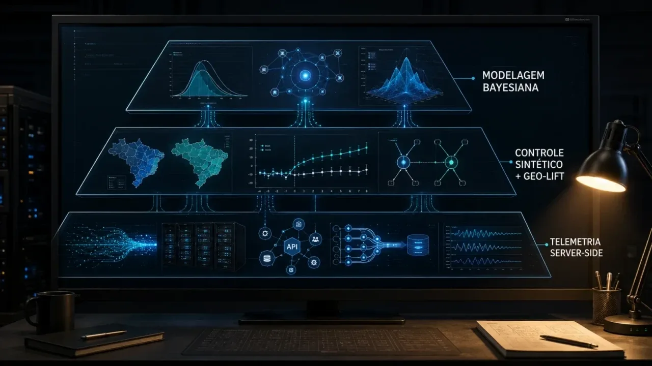Console de engenharia de dados e infraestrutura de telemetria analítica com monitores widescreen e iluminação técnica