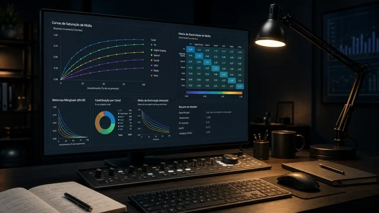 Estação analítica e tela de monitor widescreen exibindo curvas de saturação e matrizes de elasticidade