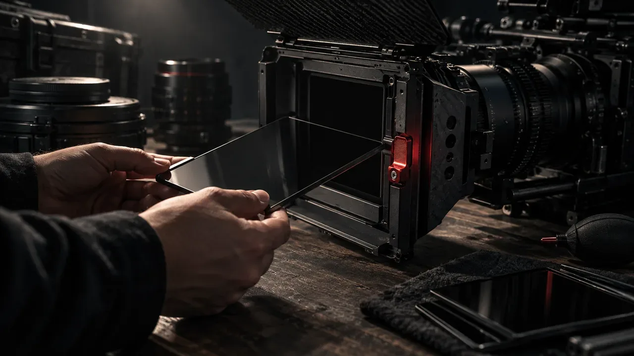 Bancada de câmera com filtro óptico de densidade neutra sendo inserido em gaveta mecânica de matte box com trava carmim