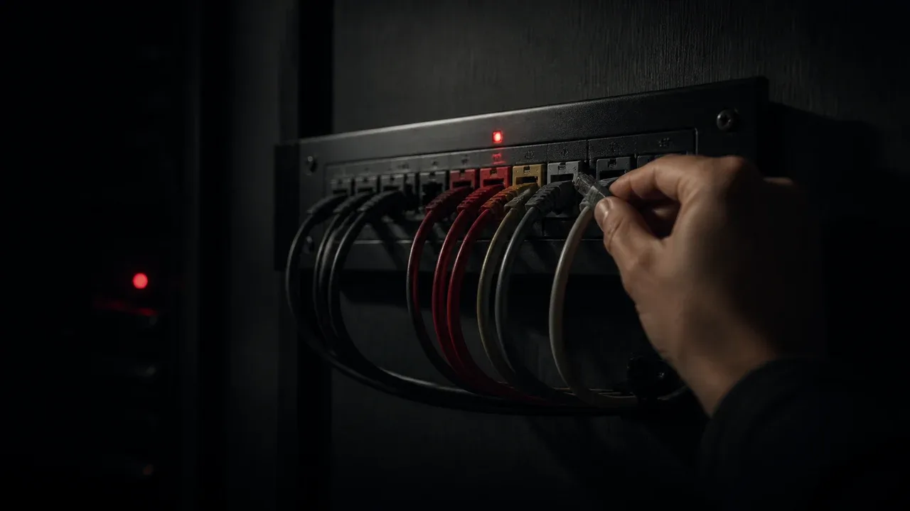 Uma mão conecta um cabo colorido a um patch panel com uma luz indicadora vermelha acesa