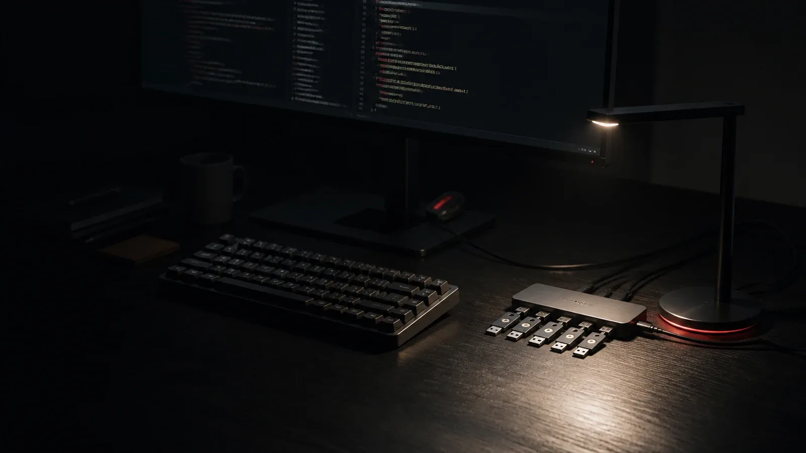 Um hub USB com pequenas chaves físicas conectadas sobre uma mesa escura, iluminado por um abajur com base vermelha