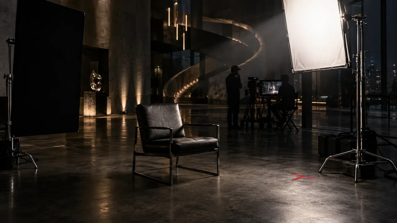 Set de gravação com iluminação chiaroscuro e marcação física no chão em estúdio corporativo