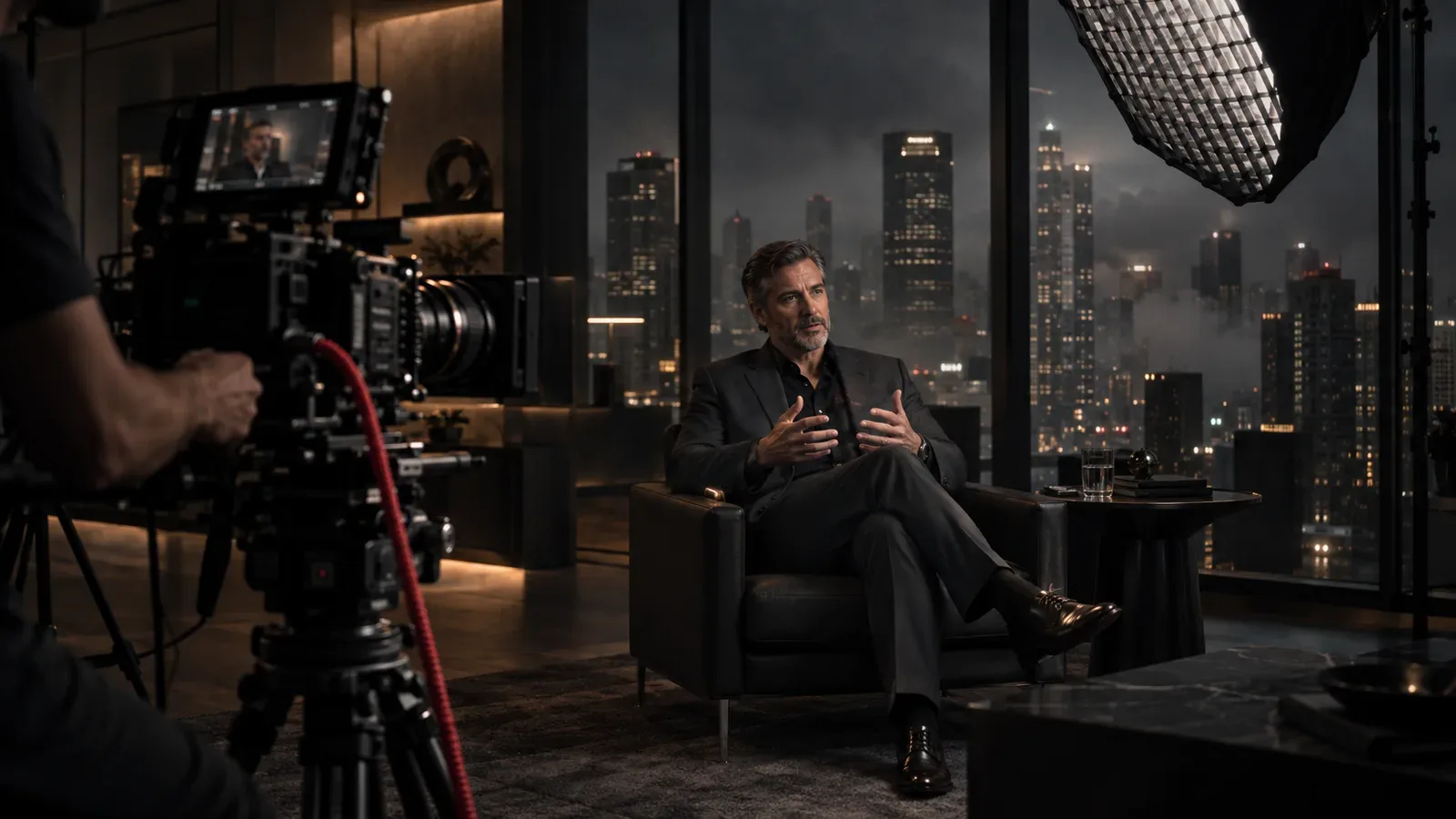 Gravação de entrevista para vídeo case corporativo com câmera de cinema e iluminação chiaroscuro