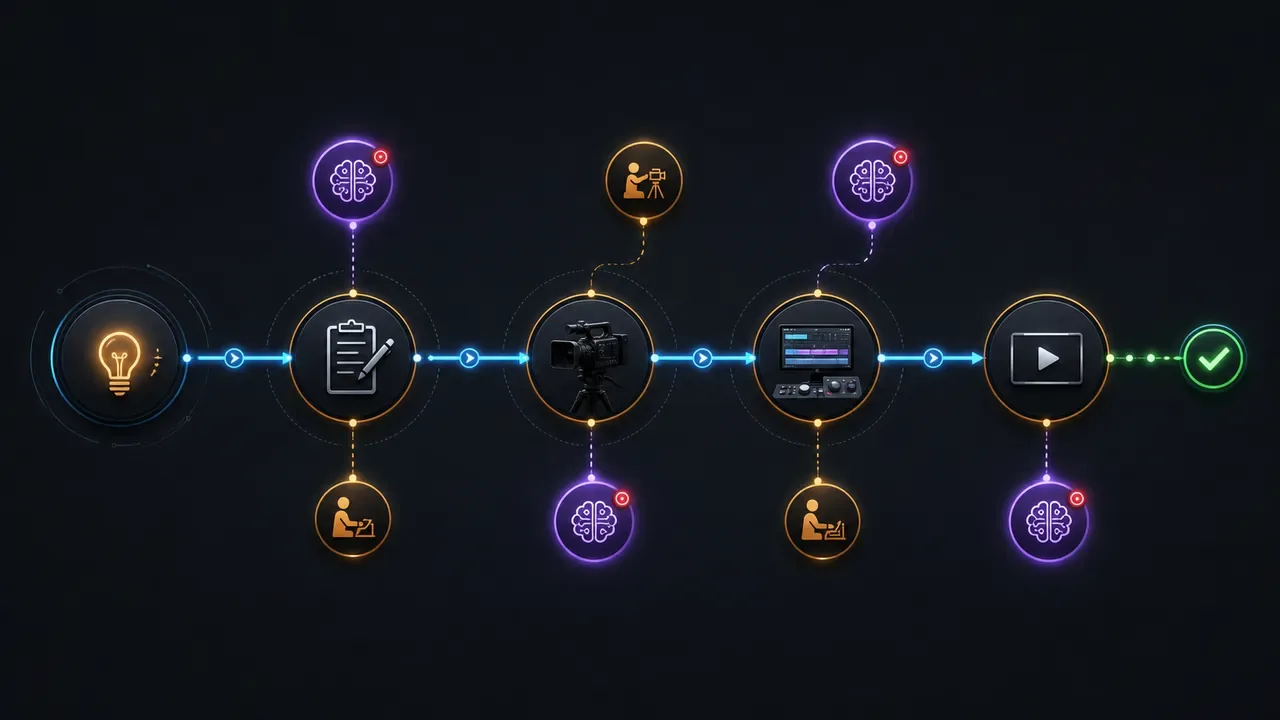 Diagrama de fluxo de produção audiovisual com etapas assistidas por IA generativa