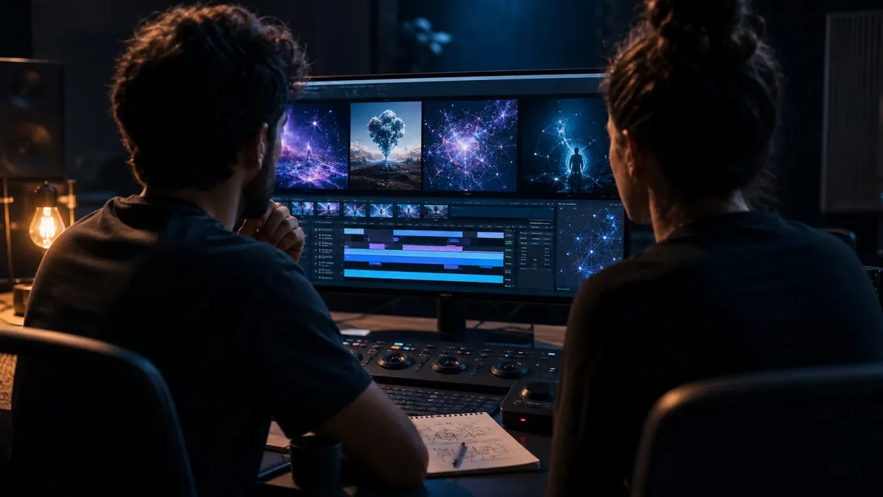 Equipe de produção analisando material gerado por IA generativa em monitor de edição