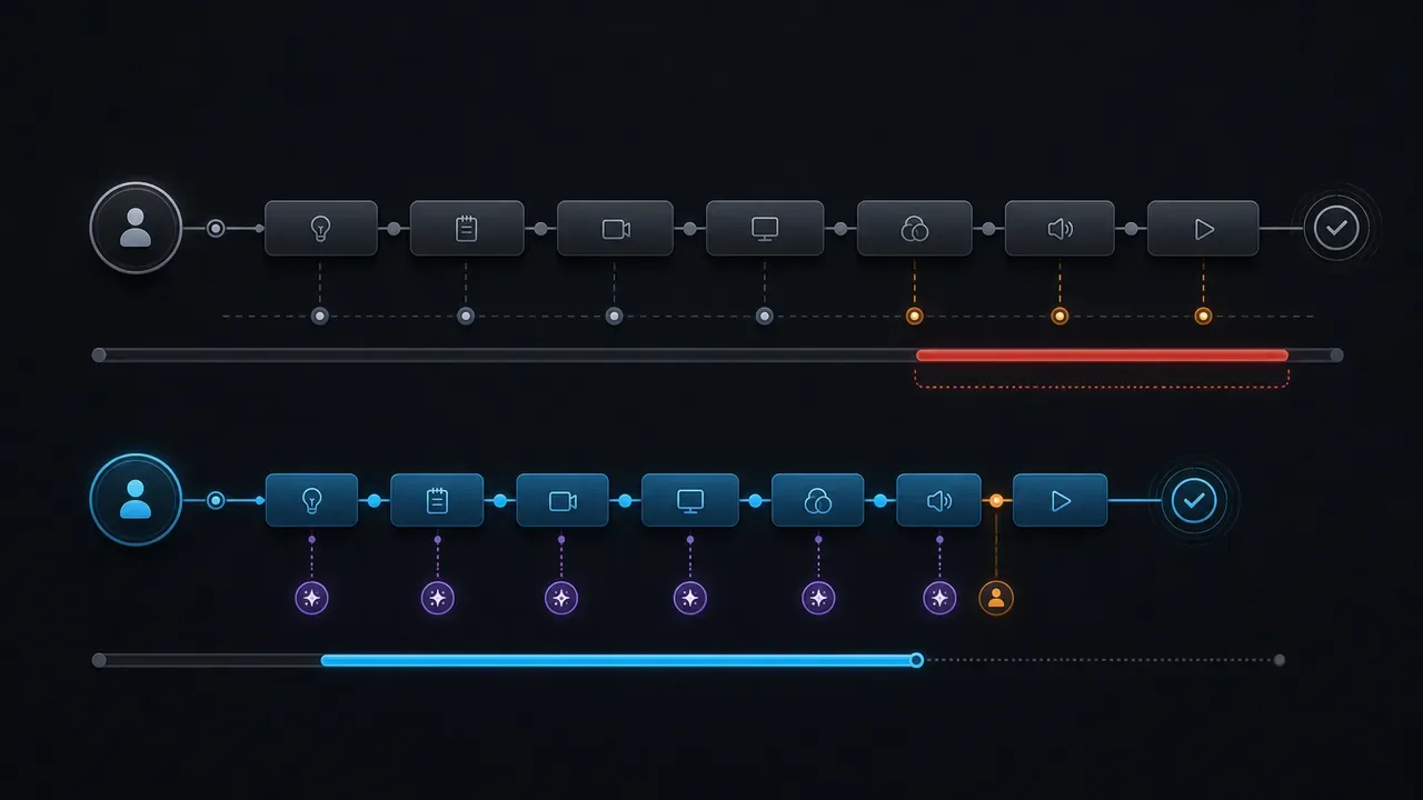 Comparação de timeline de produção audiovisual com e sem assistência de IA generativa
