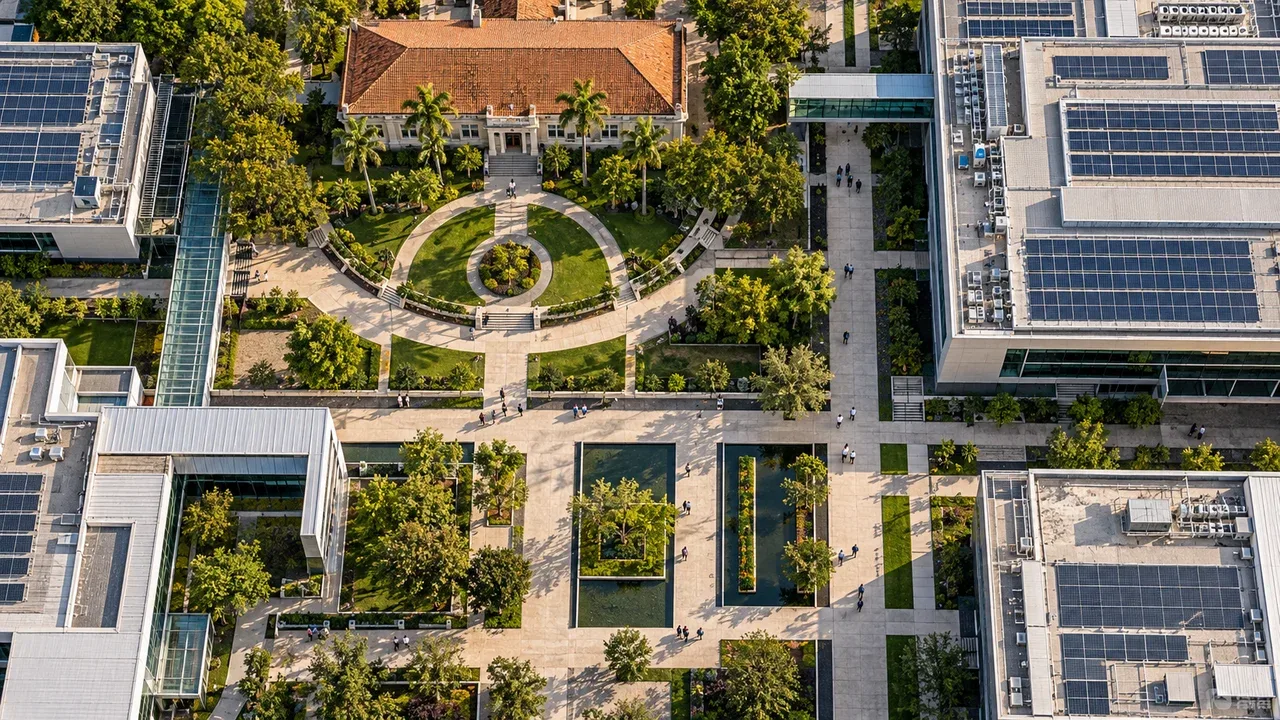 Vista aérea zenital de campus corporativo destacando a integração arquitetônica entre passado e presente