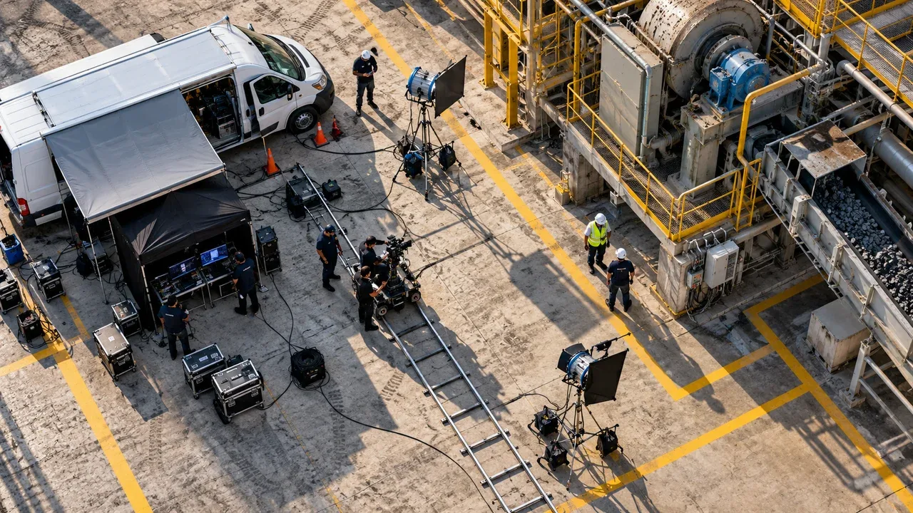Foto aérea aproximada de set de gravação técnica in-company montado em pátio industrial
