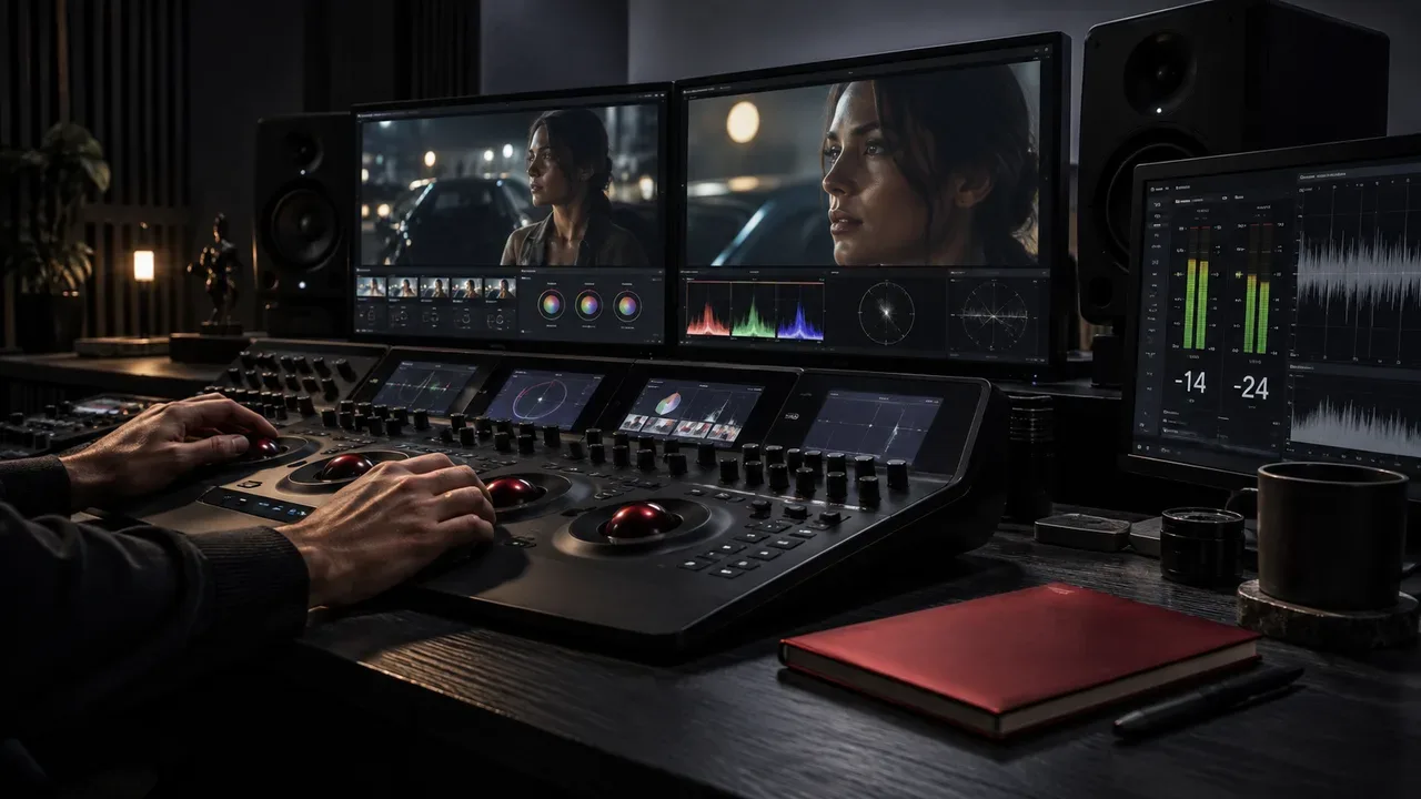 Suíte de pós-produção audiovisual com console de color grading e monitores de referência exibindo cena sob calibração ACES