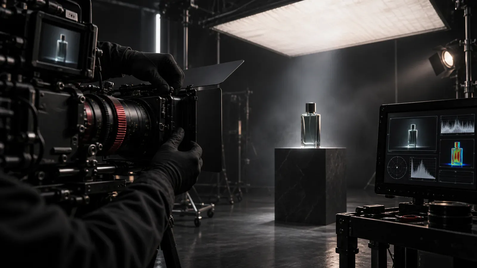 Operador ajustando matte box de câmera de cinema em set de gravação comercial com pedestal de produto e iluminação chiaroscuro