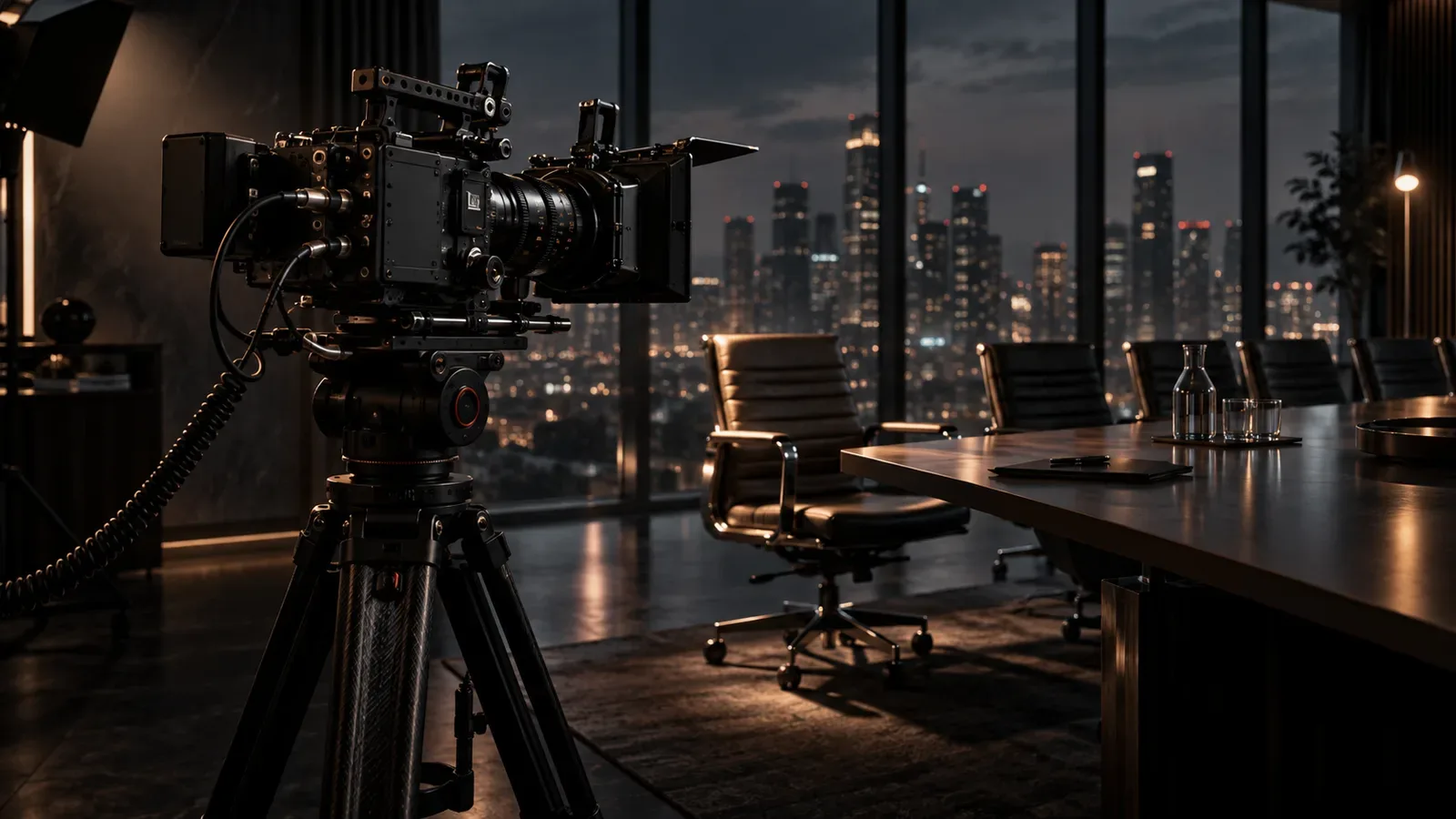 Câmera de cinema em tripé de fibra de carbono montada em sala de reuniões executiva sob iluminação chiaroscuro