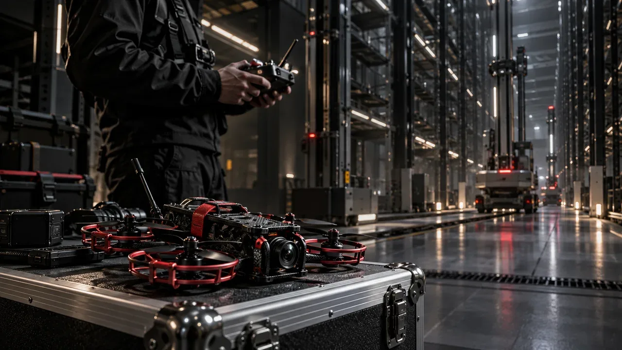 Piloto preparando drone FPV Cinelog para filmagem interna de fábrica