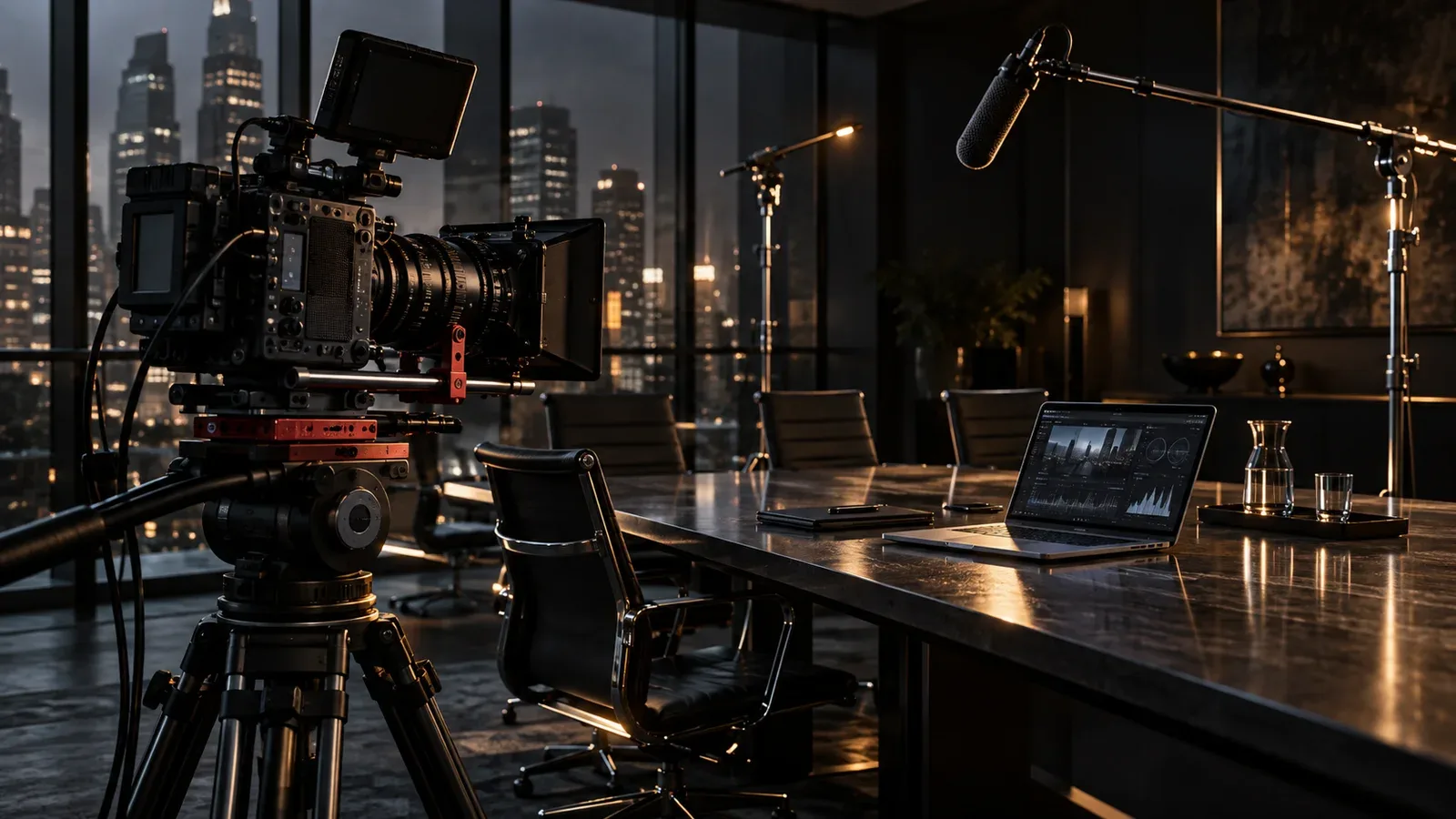 Câmera de cinema digital em tripé e monitor em estúdio corporativo para gravação de vídeo de apresentação