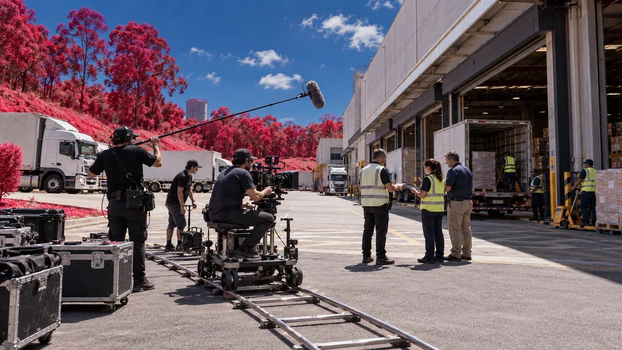 Equipe técnica operando câmera de cinema em dolly de trilho para gravação de alinhamento operacional corporativo