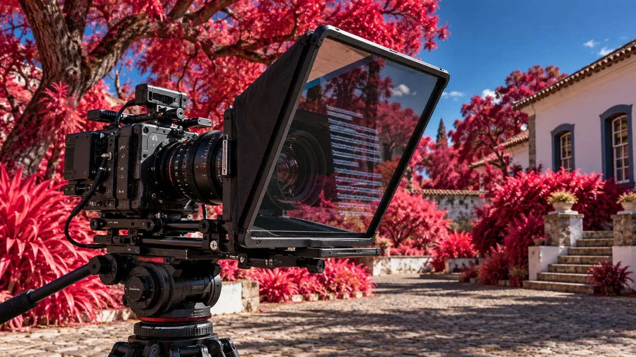 Teleprompter óptico com espelho divisor de feixe 70/30 montado à frente de lente de cinema para gravação corporativa