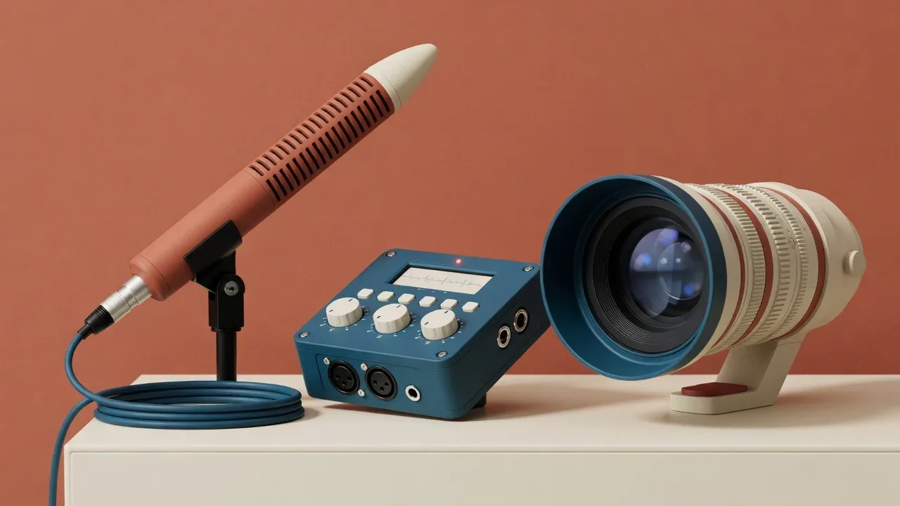 Equipamentos profissionais de captação de som e iluminação para gravação de entrevistas corporativas