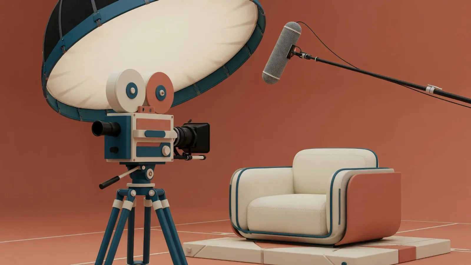 Cena 3D de estúdio para gravação de vídeo de depoimento com câmera de cinema e iluminação suave