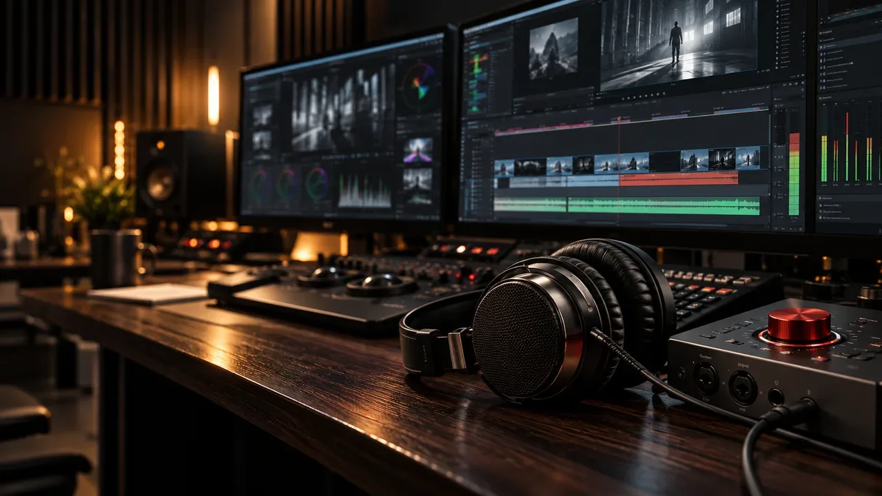 Ilha de edição de vídeo corporativo com timeline modular de treinamento e monitor de áudio com detalhe carmim