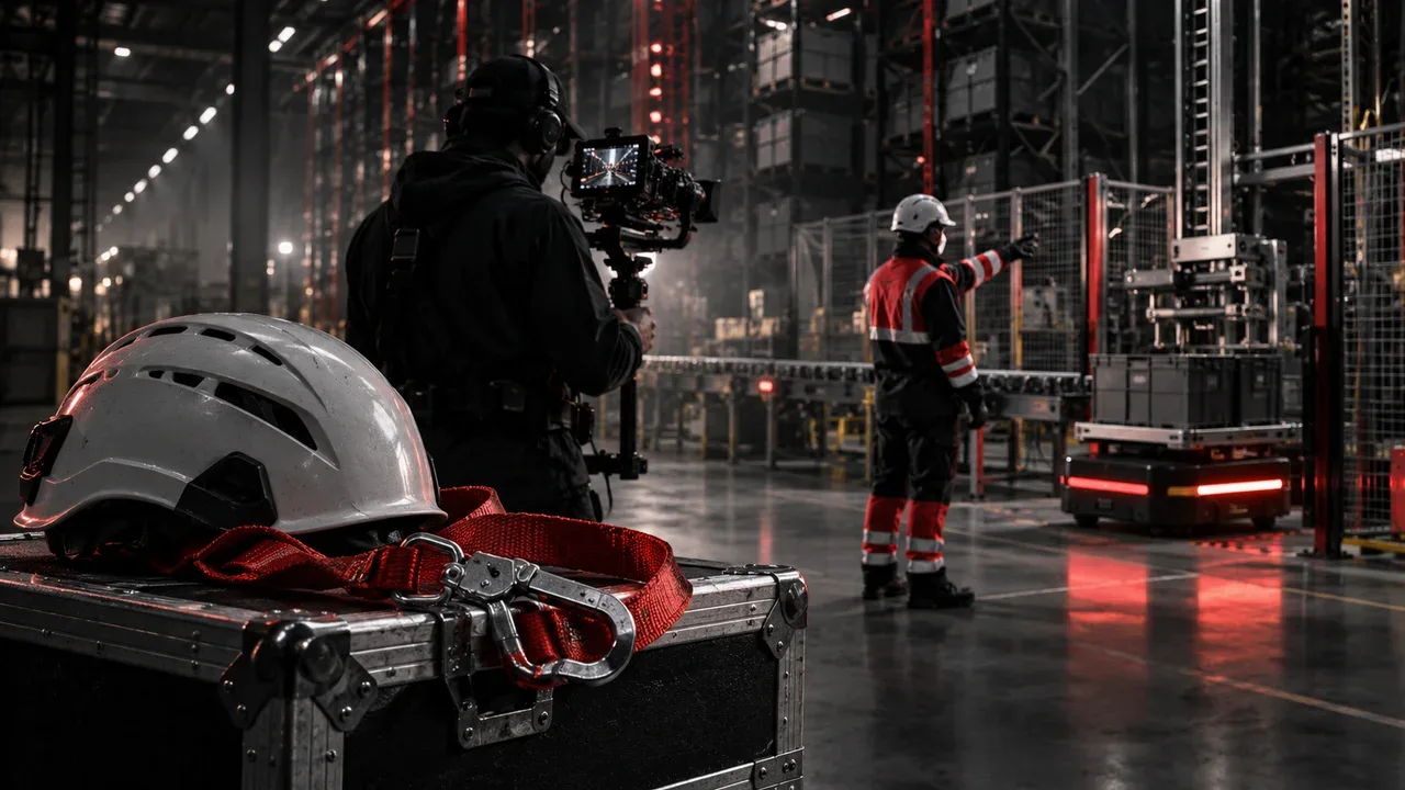Filmagem técnica de integração de segurança em centro logístico com operador de gimbal e capacete de proteção com cordão carmim