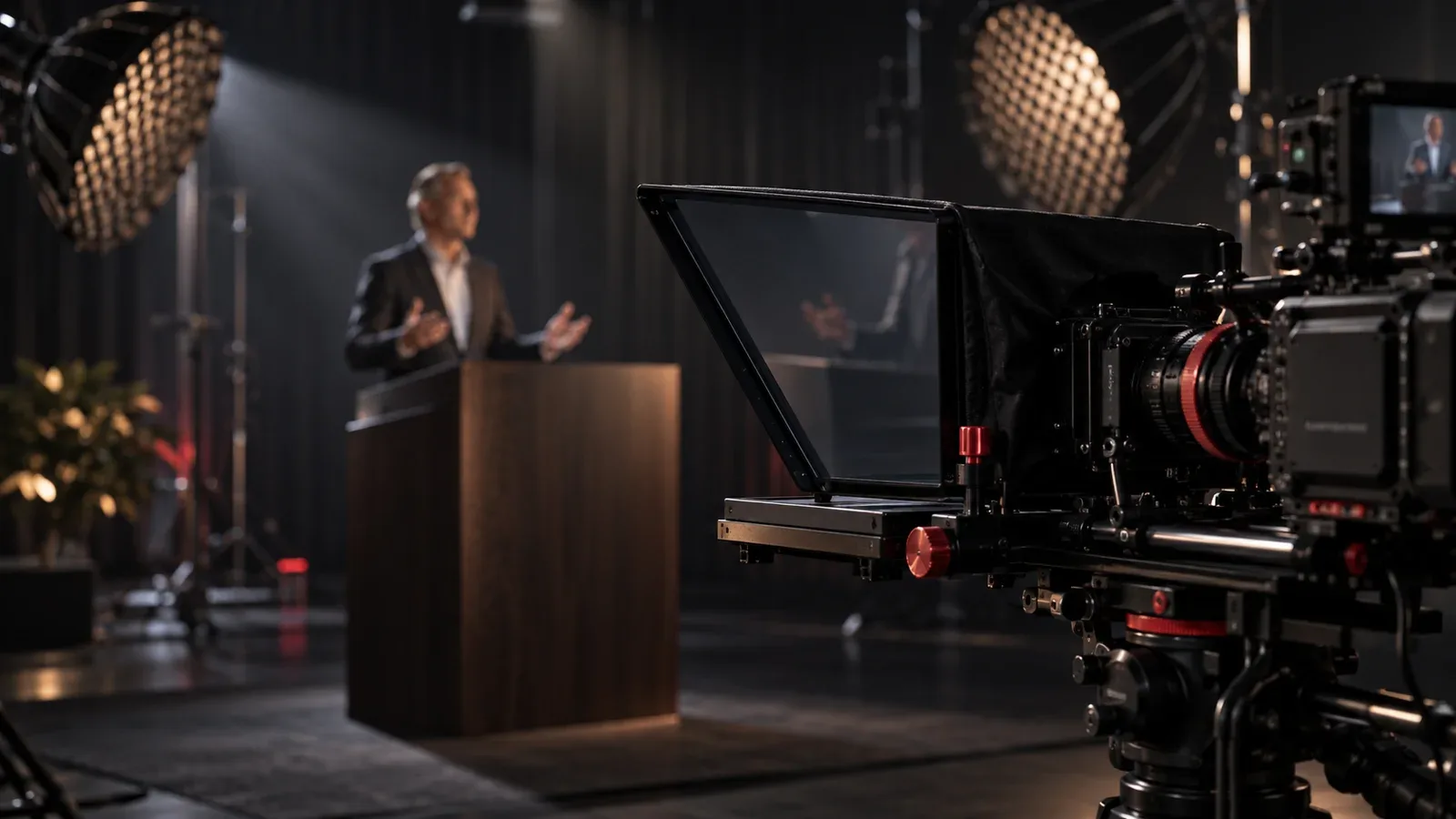 Estúdio de gravação audiovisual corporativo com teleprompter e acabamento carmim durante filmagem de vídeo de integração
