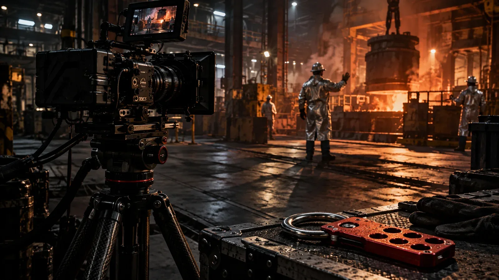 Câmera de cinema digital em tripé filmando demonstração de segurança do trabalho em planta industrial com trava carmim em primeiro plano