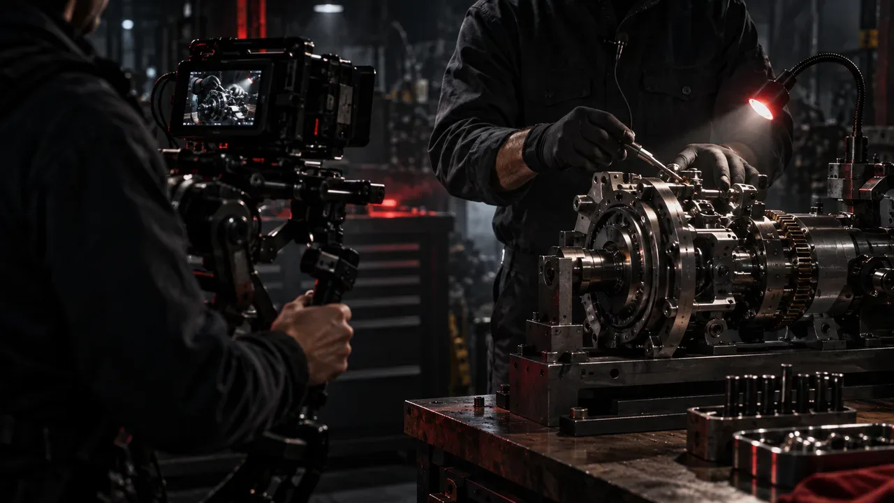Gravação prática in loco de treinamento técnico operacional com câmera de cinema e instrutor demonstrando maquinário