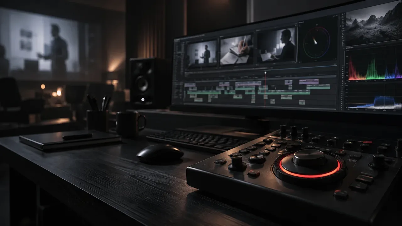 Ilha de edição de pós-produção audiovisual e console de montagem para vídeos de microlearning corporativo