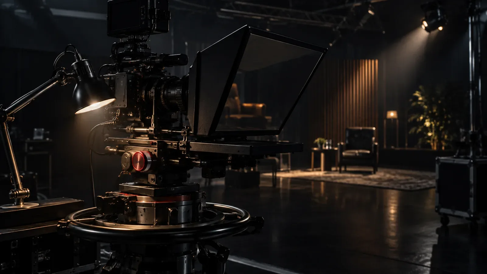 Estúdio de gravação de vídeo de treinamento corporativo com câmera de cinema e teleprompter sob iluminação cinematográfica