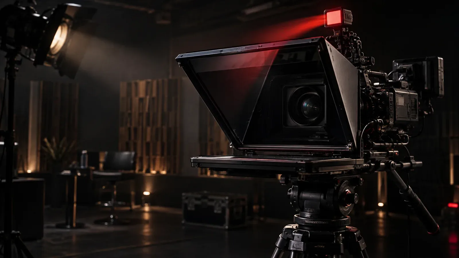 Estúdio profissional de gravação de vídeo de treinamento corporativo com teleprompter e iluminação direcional