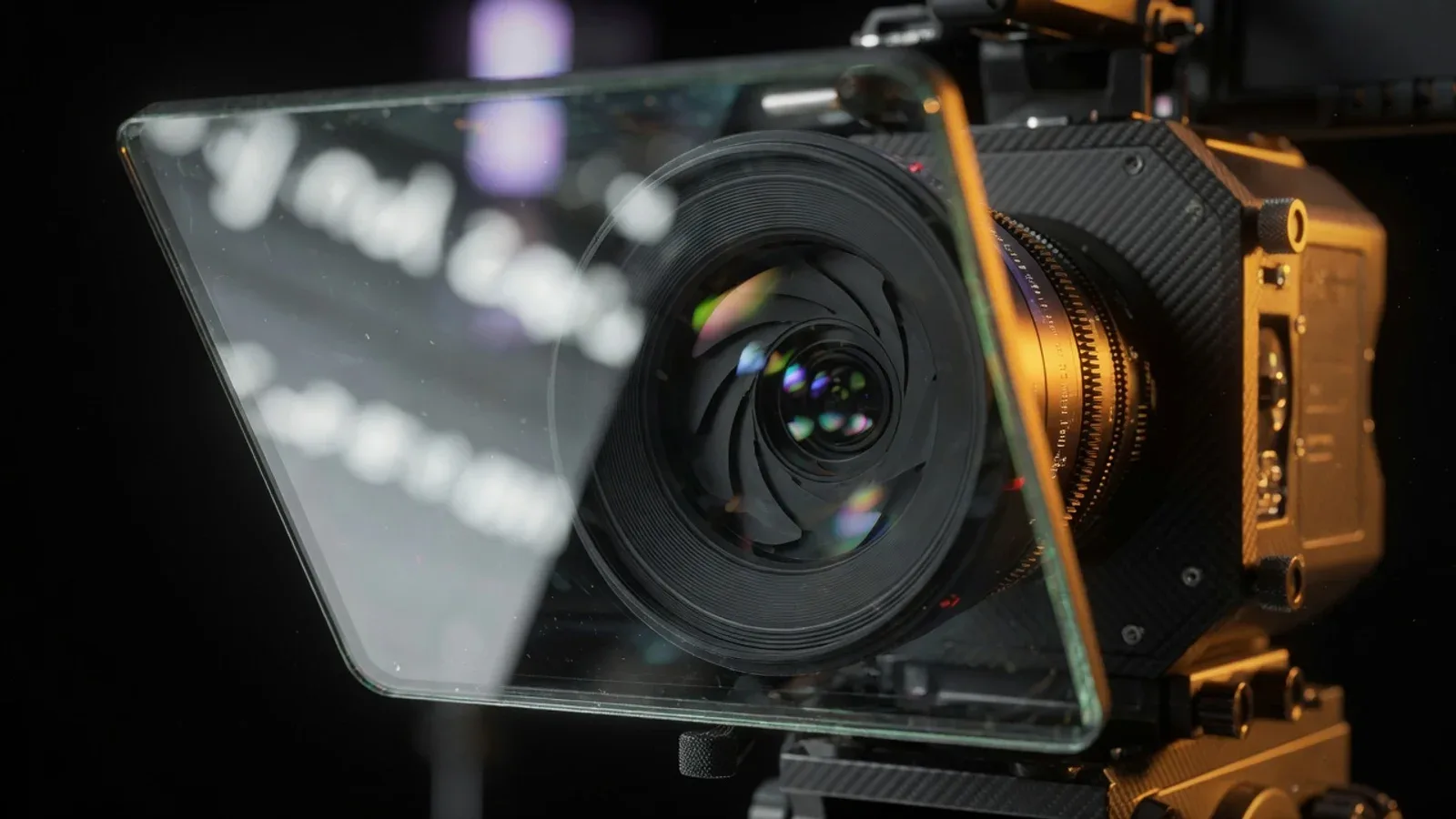 Gravação de vídeo de vendas em estúdio com teleprompter e iluminação de cinema