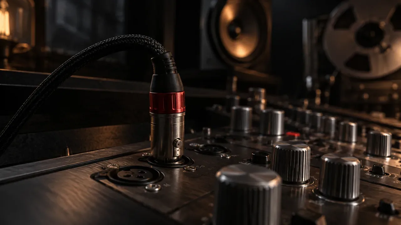 Console de engenharia de áudio e masterização sonora com conexões analógicas e iluminação chiaroscuro