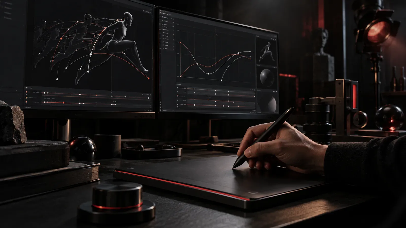 Estação de trabalho de motion design e produção audiovisual corporativa em estúdio escuro sob iluminação cinematográfica