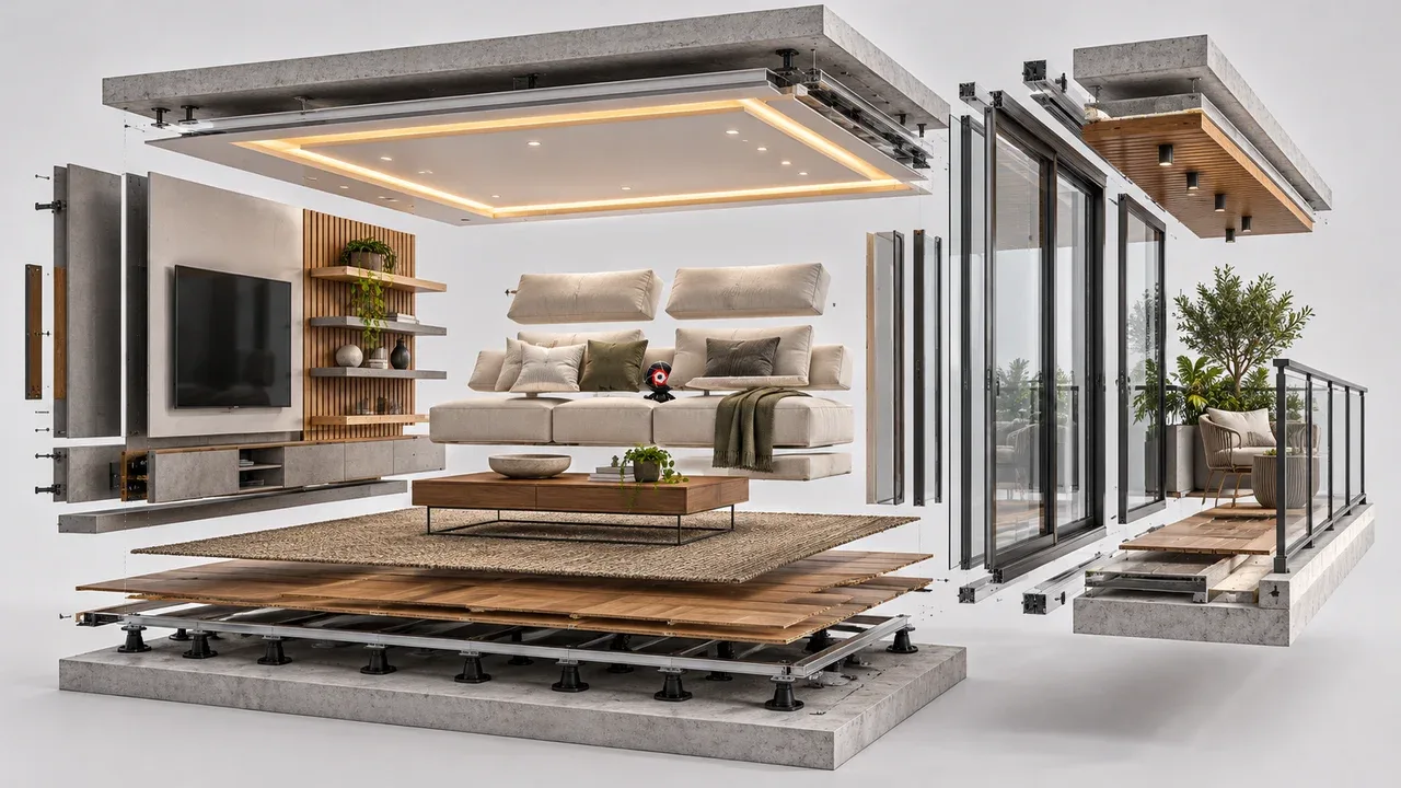 Vista explodida técnica de apartamento decorado de alto padrão com living e varanda integrada