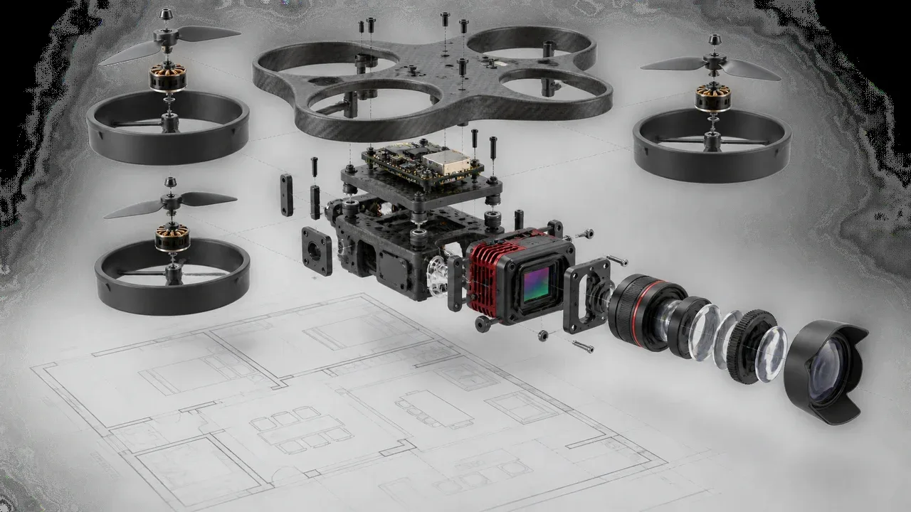 Vista explodida de drone FPV para filmagem indoor em canteiro de obras e apartamento decorado