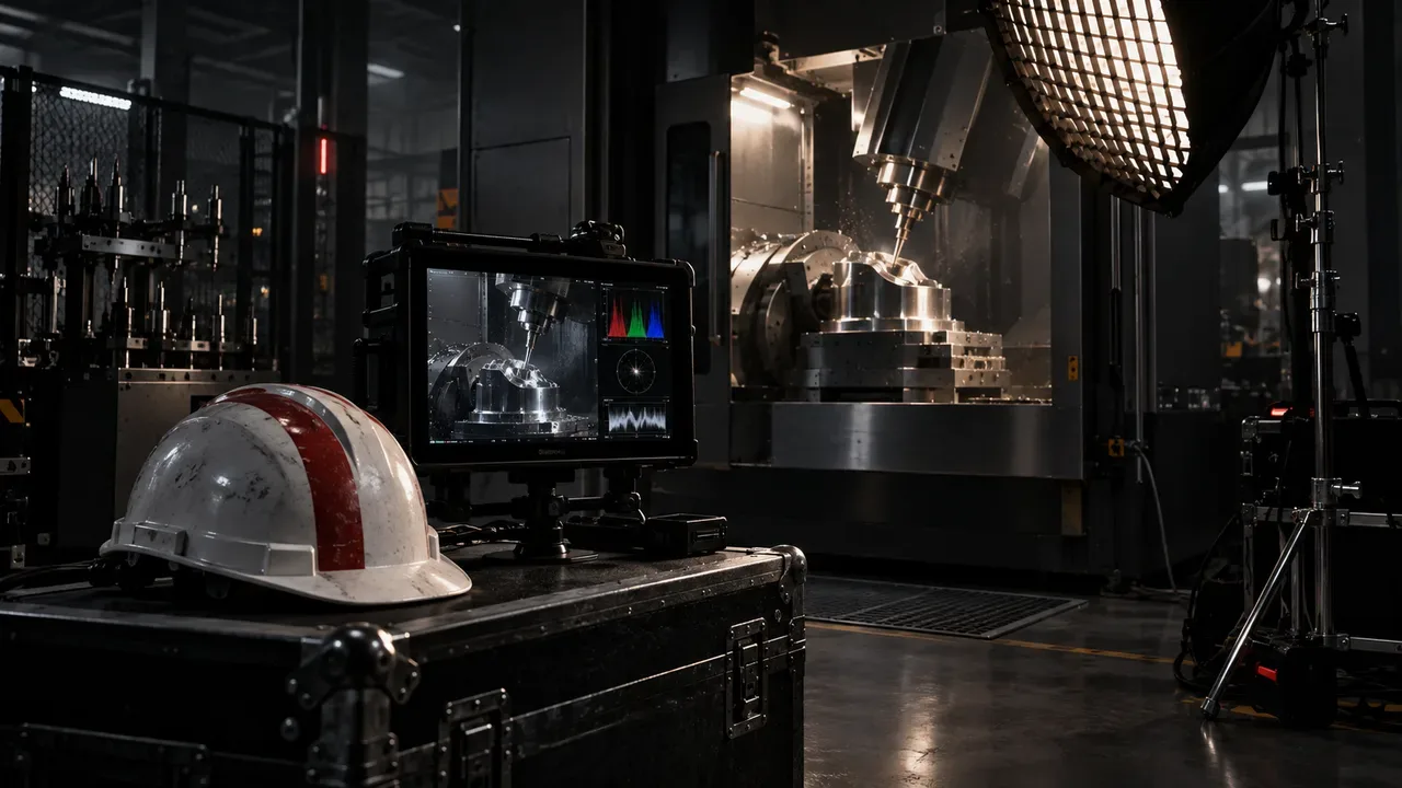 Monitor de produção e capacete de segurança ao lado de maquinário CNC iluminado por refletores de cinema
